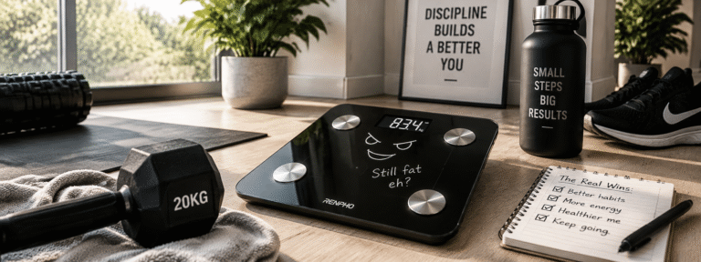Smart scale, dumbbell and fitness journal showing progress, healthy habits and consistency