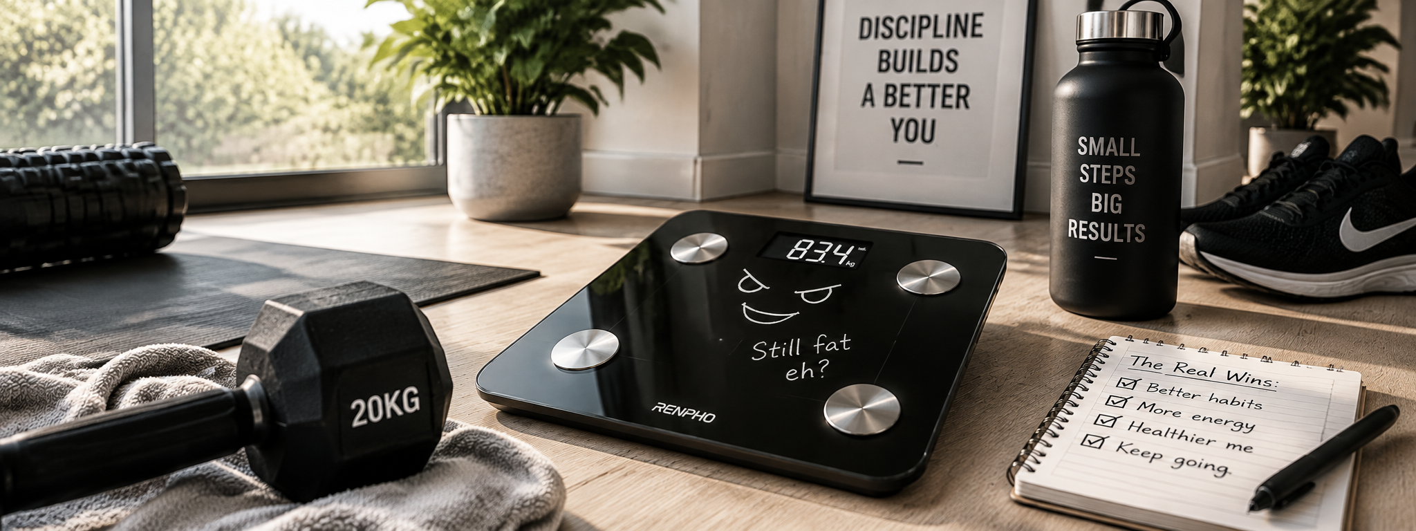 Smart scale, dumbbell and fitness journal showing progress, healthy habits and consistency