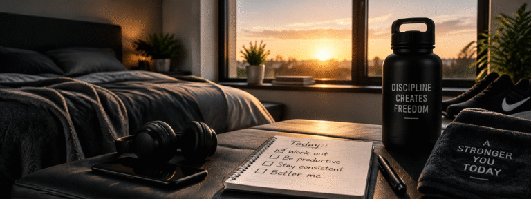 Morning workout setup with a checklist and gym equipment representing building consistent fitness habits