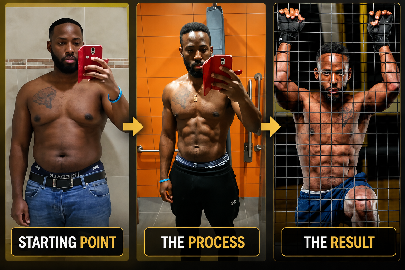 Fitness transformation showing a journey from starting point to achieving a lean physique at 7% body fat through consistent training and nutrition
