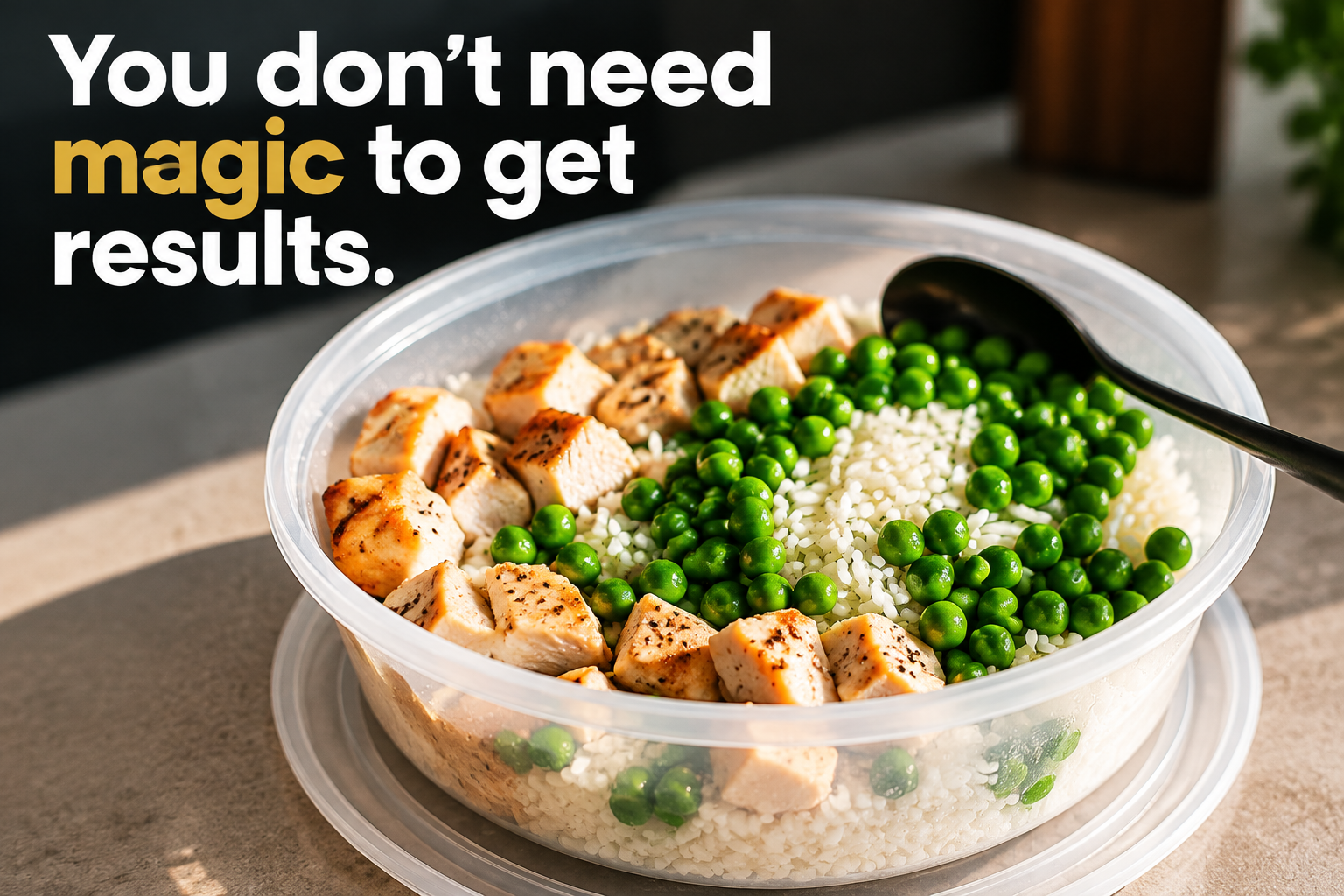 Simple chicken, rice and peas meal showing the basic nutrition approach used during a 7% body fat transformation.